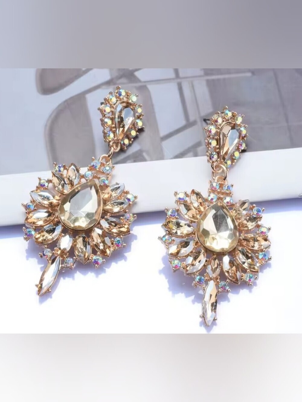 Gold Crystal Teardrop Statement Earrings - Women Jewelry